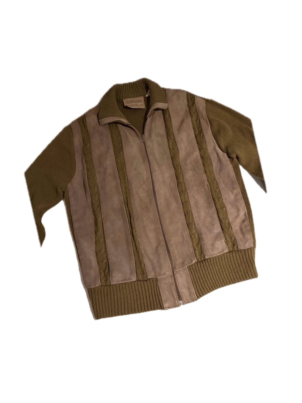 Vintage 70s Sears The Mens Store Suede Knit Zip Up Sweater Jacket Olive Taupe 46